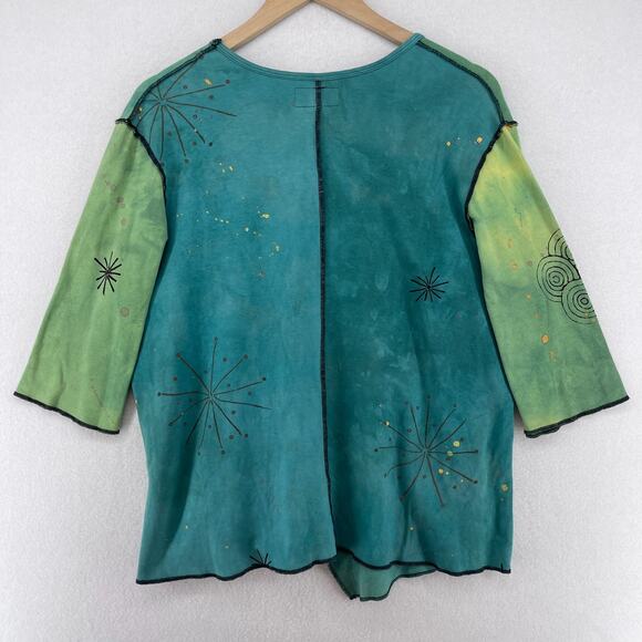 BREAD Top Womens L 3/4 Sleeve Patchwork Lagenlook Tie Dye Asymmetric Green - Picture 2 of 16